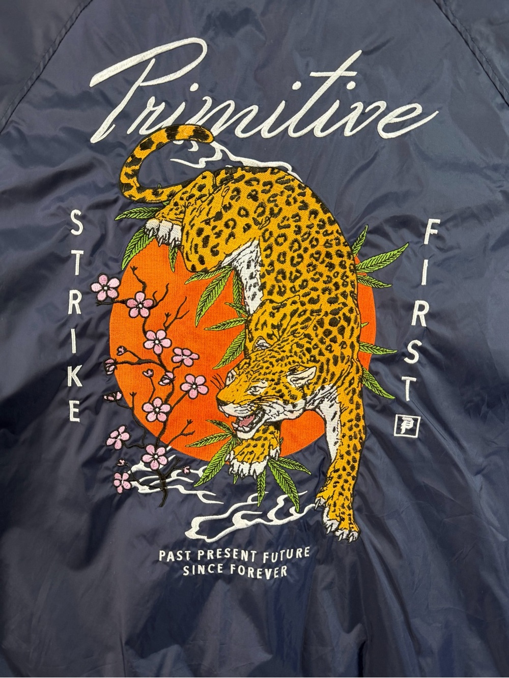 Primitive Skateboarding "Strike First" Navy Blue Bomber Jacket Size Medium